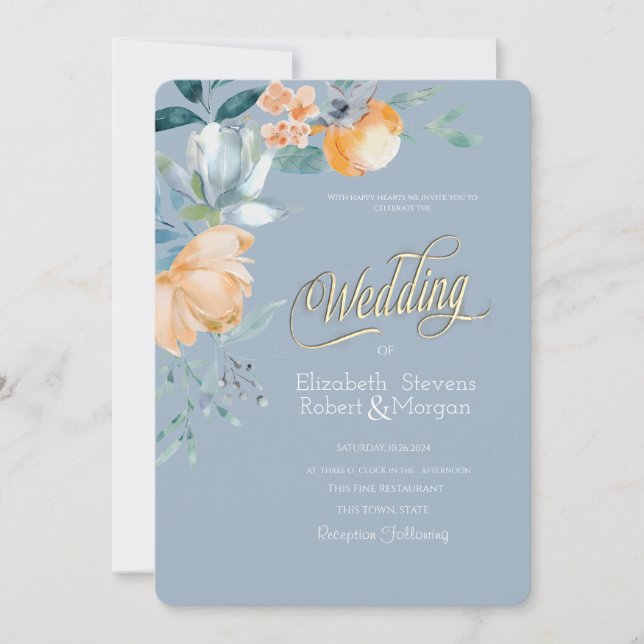 Watercolor Flowers Dusty Blue Wedding Invitation (Front)