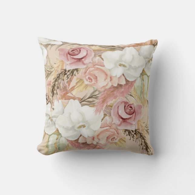 Watercolor Flowers Elegant Pampas Blush Pink Rose Throw Pillow (Front)