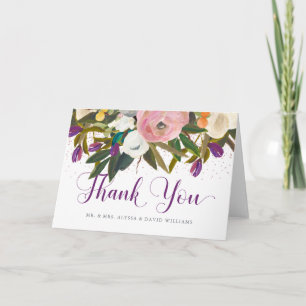Watercolor Flowers   Faux Glitter Thank You Card