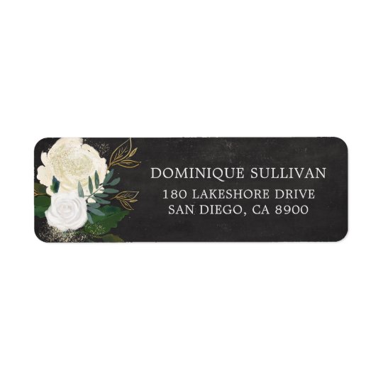 Watercolor Flowers & Faux Gold Glitter Chalkboard Return Address Label