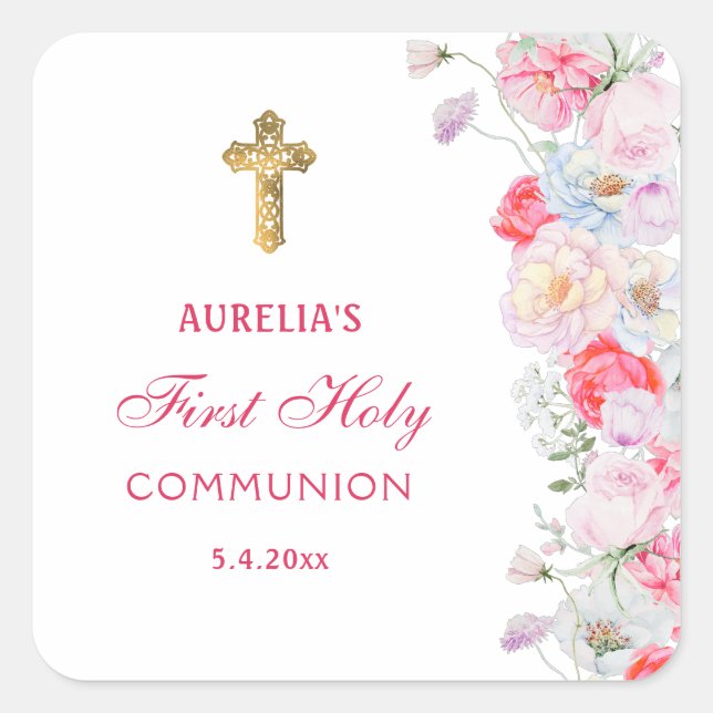 Watercolor Flowers First Communion Square Sticker (Front)