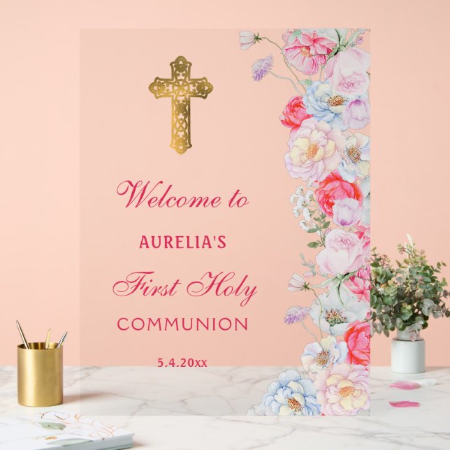 Watercolor Flowers First Communion Welcome Acrylic Sign (Wedding)
