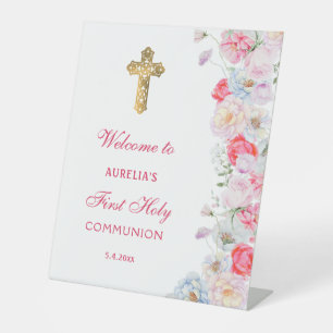 Watercolor Flowers First Communion Welcome Pedestal Sign