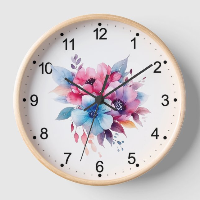 Watercolor Flowers Floral Design Clock (Front)