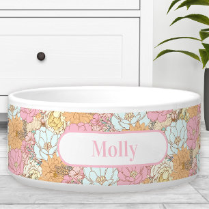 Watercolor Flowers Floral Pattern Name Pet Bowl