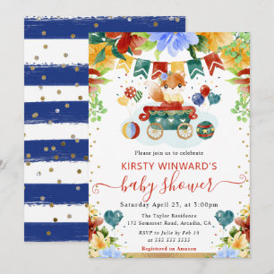 Watercolor Flowers Fox Baby Shower Invitation