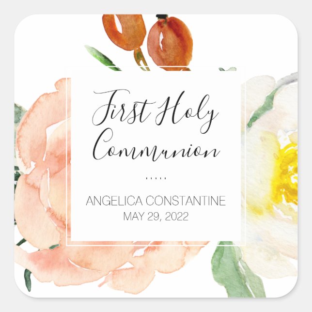 Watercolor Flowers Girl's First Holy Communion Square Sticker (Front)