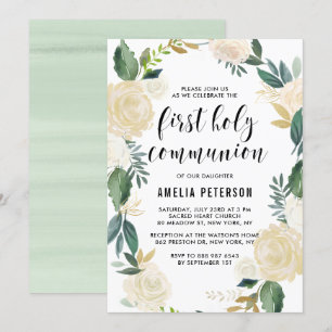 Watercolor Flowers Glitter First Holy Communion Invitation