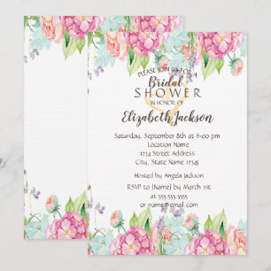 Watercolor Flowers Glitter Heart  Bridal Shower Invitation