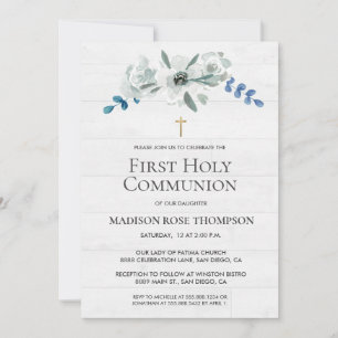 Watercolor Flowers Gold Cross 1st Holy Communion