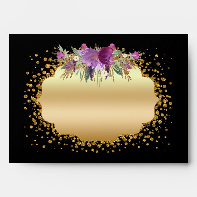 Watercolor Flowers Gold Glitter Confetti Black Envelopes (Front)