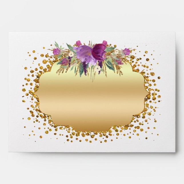 Watercolor Flowers Gold Glitter Confetti White Envelope (Front)