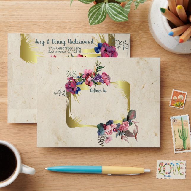 Watercolor Flowers - Golden Frame 4 + your text Envelope (Desk)