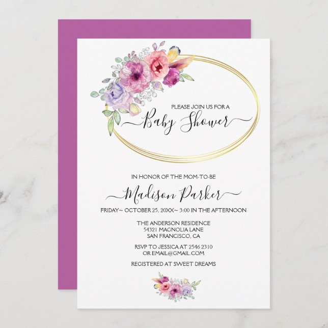 Watercolor Flowers Golden Frame Invitation (Front/Back)