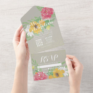 Watercolor Flowers Green Gold Glitter Wedding RSVP All In One Invitation