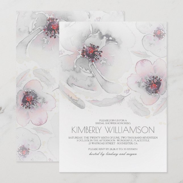 Watercolor Flowers Grey Pink Boho Bridal Shower Invitation (Front/Back)