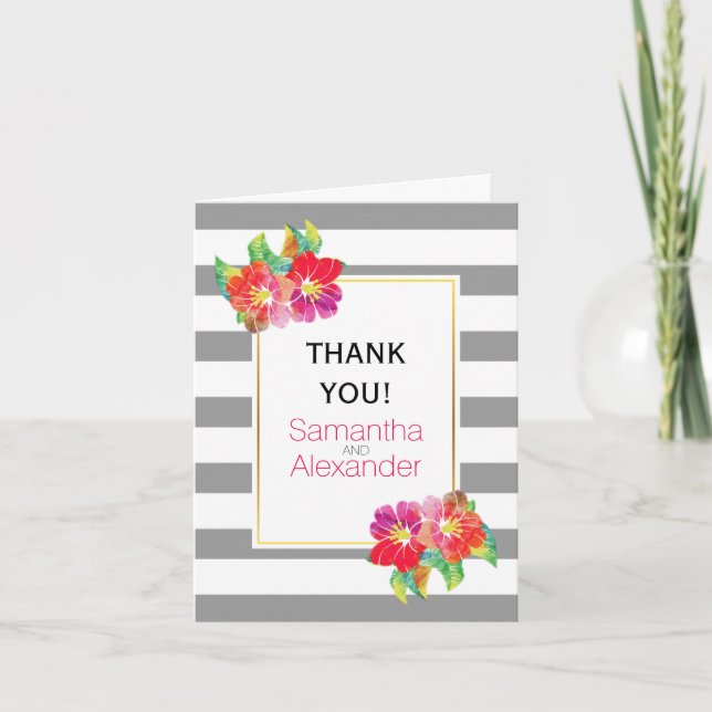 Watercolor flowers grey white wedding Thank You (Front)