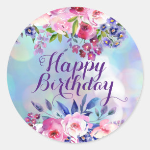 Watercolor Flowers Happy Birthday Round Stickers