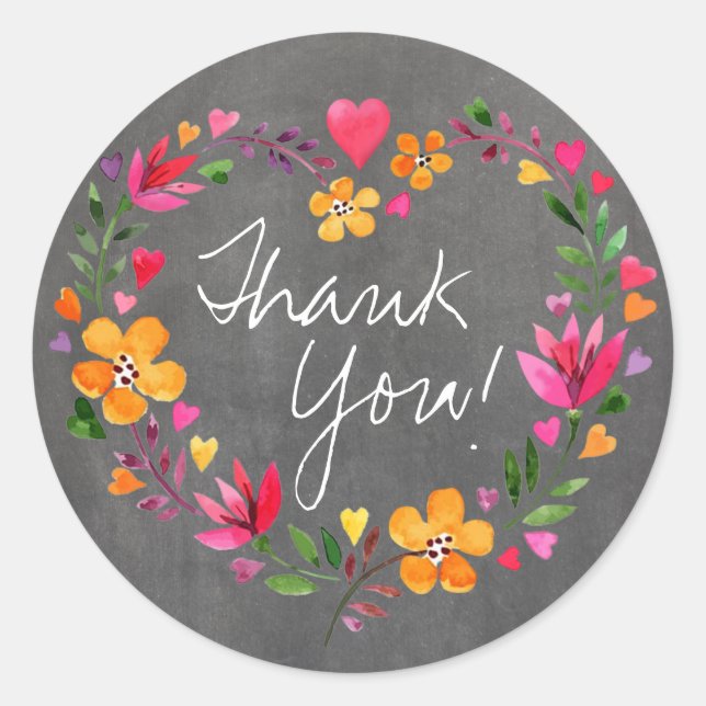 Watercolor Flowers Heart Wreath | chalkboard grey Classic Round Sticker (Front)