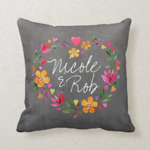 Watercolor Flowers Heart Wreath   chalkboard grey Throw Pillow