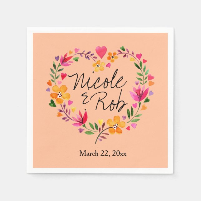 Watercolor Flowers Heart Wreath Wedding | peach Napkin (Front)