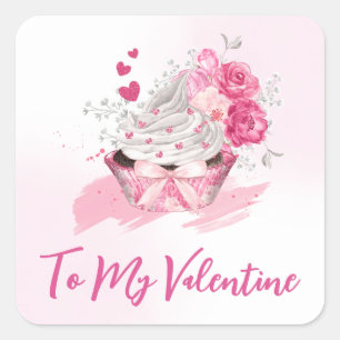 Watercolor Flowers, Hearts and Cupcake Valentine's Square Sticker