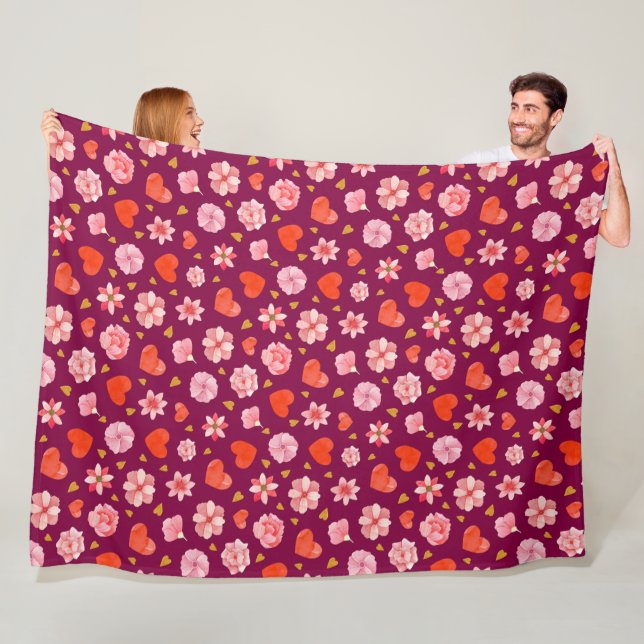 Watercolor Flowers &Hearts Fleece Blanket (In Situ)