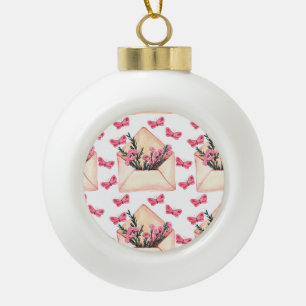Watercolor flowers in envelopes: seamless pattern ceramic ball christmas ornament