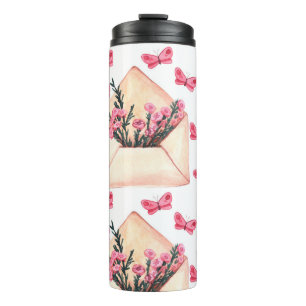 Watercolor flowers in envelopes: seamless pattern thermal tumbler