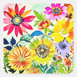 Watercolor Flowers in Pink and Yellow Square Sticker