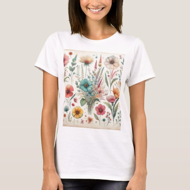 Watercolor flowers in soft pastel colours  T-Shirt (Front)