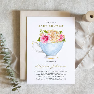 Watercolor Flowers in Teacup Baby Shower Invitation