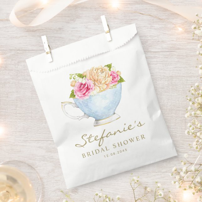 Watercolor Flowers in Teacup Bridal Shower Favour Bag (Clipped)