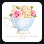 Watercolor Flowers in Teacup Bridal Shower Square Sticker<br><div class="desc">Add a charming, vintage-inspired touch to your bridal shower favours, invitations, or décor with this custom bridal shower sticker featuring a delicate watercolor rose bouquet in a classic teacup. This floral bridal shower sticker is perfect for tea party themes, garden gatherings, or any romantic celebration. This customizable bridal shower sticker...</div>