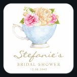 Watercolor Flowers in Teacup Bridal Shower Square Sticker<br><div class="desc">Add a charming, vintage-inspired touch to your bridal shower favours, invitations, or décor with this custom bridal shower sticker featuring a delicate watercolor rose bouquet in a classic teacup. This floral bridal shower sticker is perfect for tea party themes, garden gatherings, or any romantic celebration. This customizable bridal shower sticker...</div>