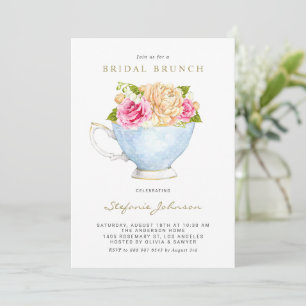 Watercolor Flowers in Teacup QR Code Bridal Shower Invitation