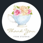 Watercolor Flowers in Teacup Tea Party Thank You Classic Round Sticker<br><div class="desc">Sends thanks with this customizable thank you sticker. It features a watercolour illustration of a teacup with a floral bouquet. Personalize by adding your details. This floral sticker is perfect for spring and garden events.</div>
