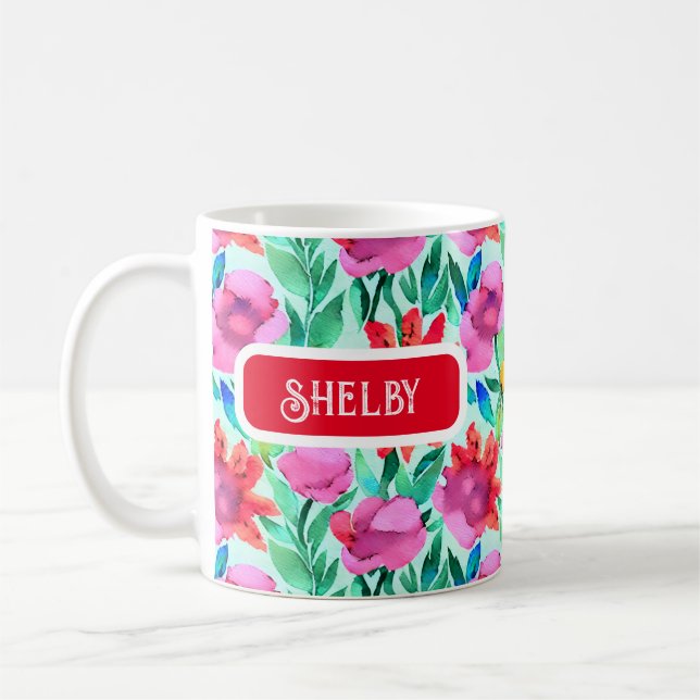 Watercolor Flowers in Teal, Red and Pink Coffee Mug (Left)
