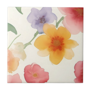 Watercolor Flowers Large Print Floral on White Tile