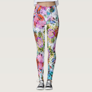 Watercolor flowers leaves multicolor bright pastel leggings