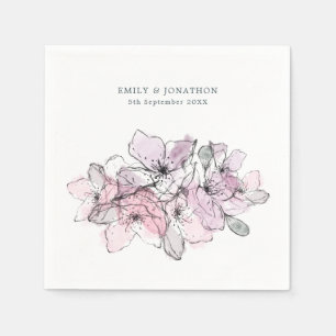 Watercolor Flowers Lilac Pink Name Date Wedding Napkin