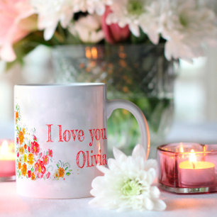 Watercolor flowers love orange yellow red coffee mug