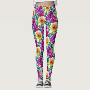 Watercolor Flowers Maroon and Yellow Leggings