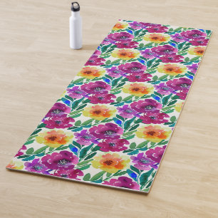Watercolor Flowers Maroon and Yellow Yoga Mat