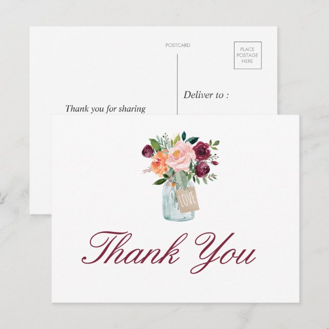 Watercolor Flowers Mason Jar Thank You Postcard (Front/Back)