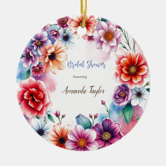 Watercolor Flowers Minimal Bridal Shower Ceramic Ornament (Front)