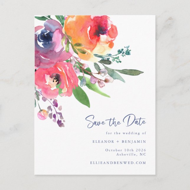 Watercolor Flowers Modern Script Save The Date Postcard (Front)