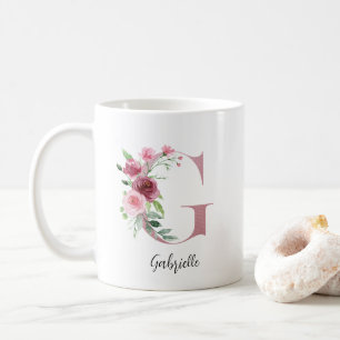 Watercolor Flowers Monogram Pink G Custom Name Coffee Mug