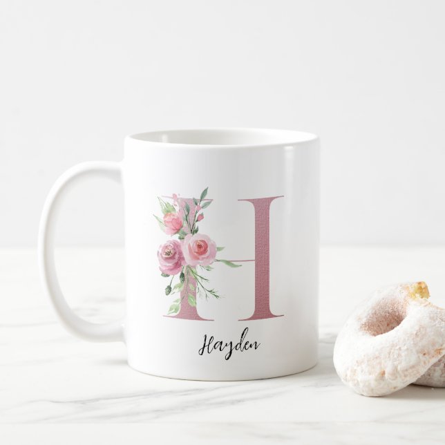 Watercolor Flowers Monogram Pink H Custom Name Coffee Mug (With Donut)
