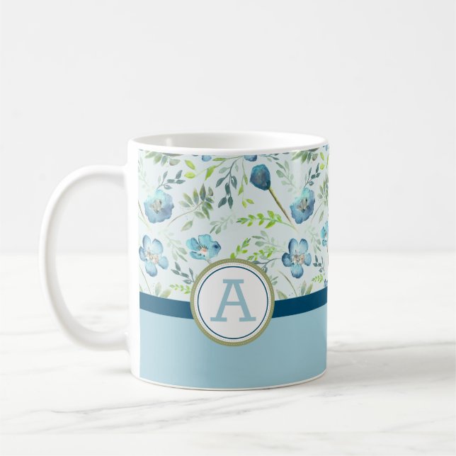 Watercolor Flowers Monogramed Blue Green  Coffee Mug (Left)